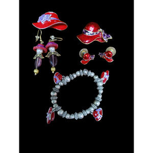Red Hat bling collection - 2 brooches/pendents, 2 pairs earrings and bracelet